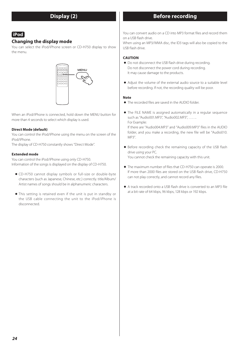 Before recording, Changing the, Display mode | E 24, Display (2) before recording, Ipod, Changing the display mode | Teac CD-H750 User Manual | Page 24 / 84