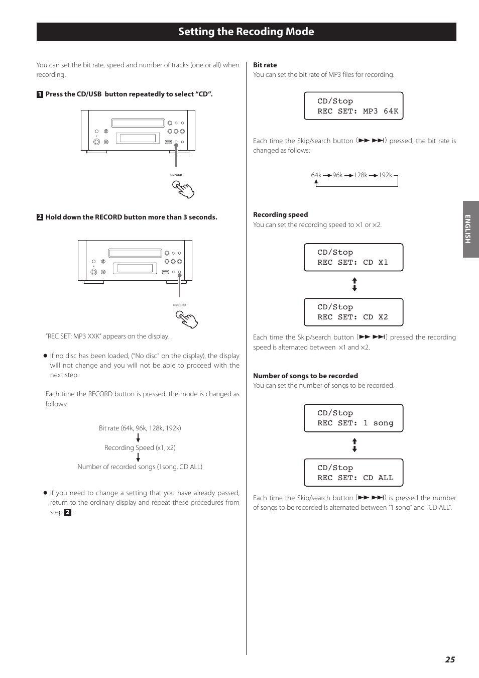 Setting the recoding mode | Teac CD-H750 User Manual | Page 25 / 84