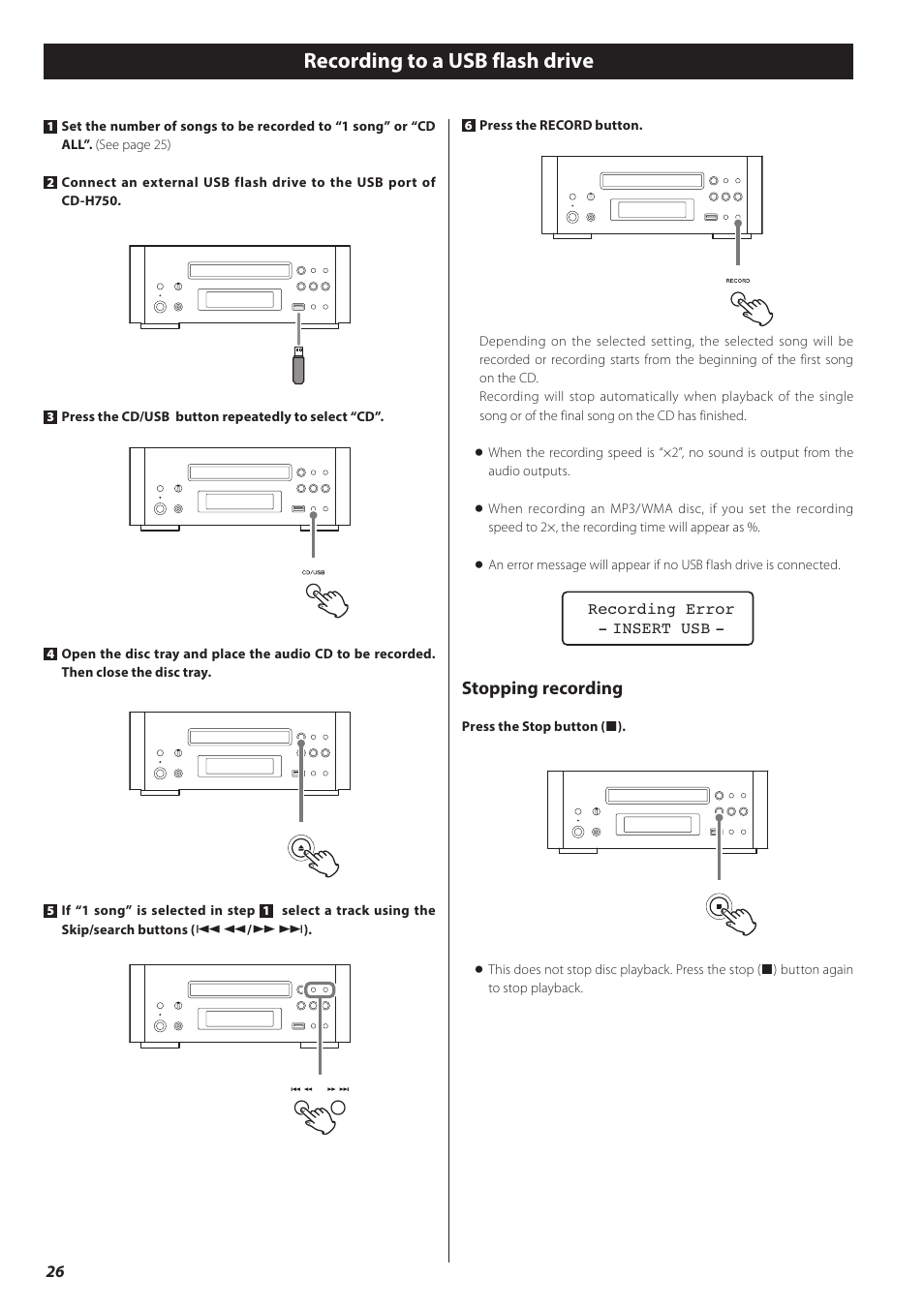 Recording to a usb flash drive, E 26, Stopping recording | Teac CD-H750 User Manual | Page 26 / 84