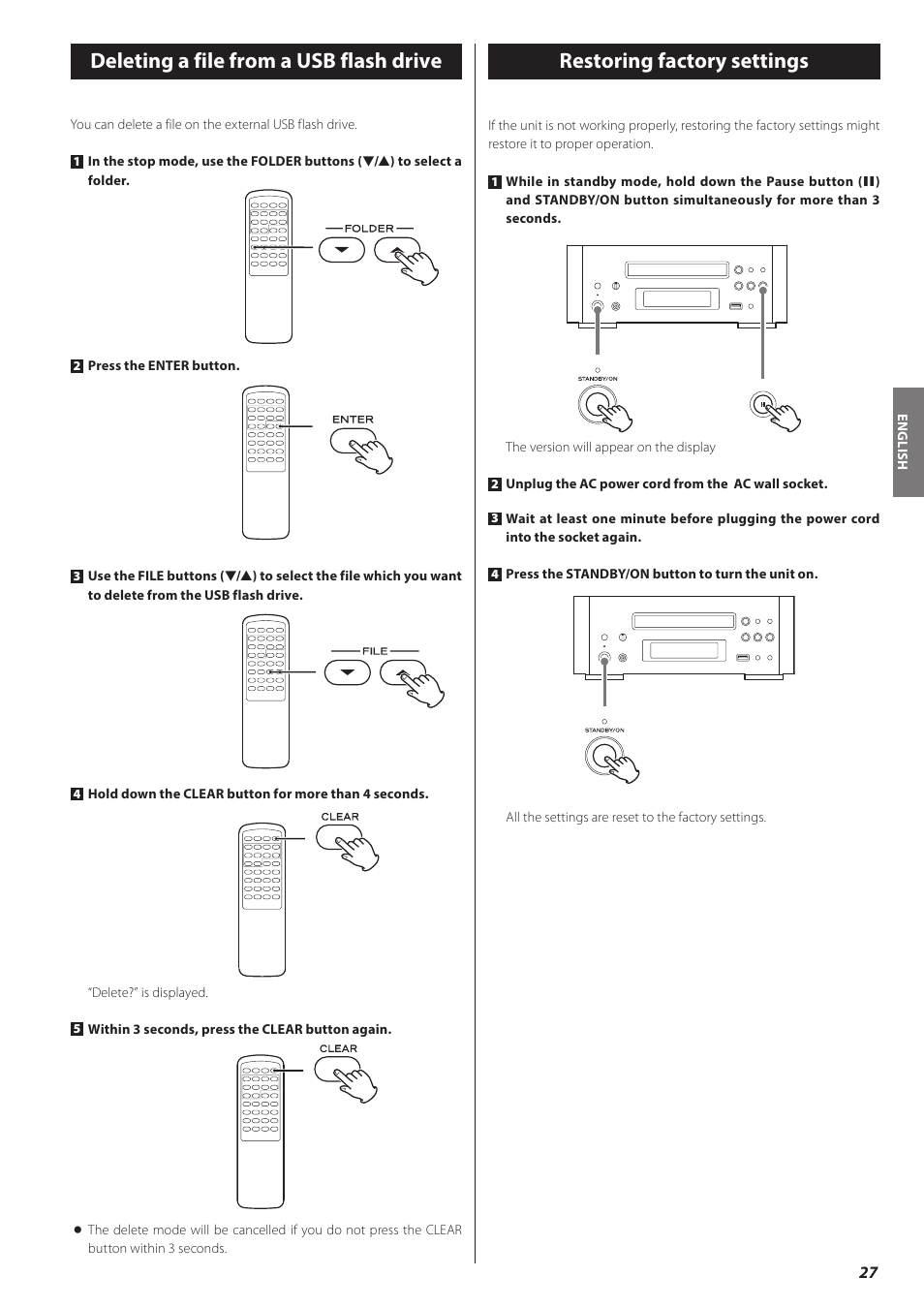 Deleting a file from a usb flash drive, Restoring factory settings | Teac CD-H750 User Manual | Page 27 / 84