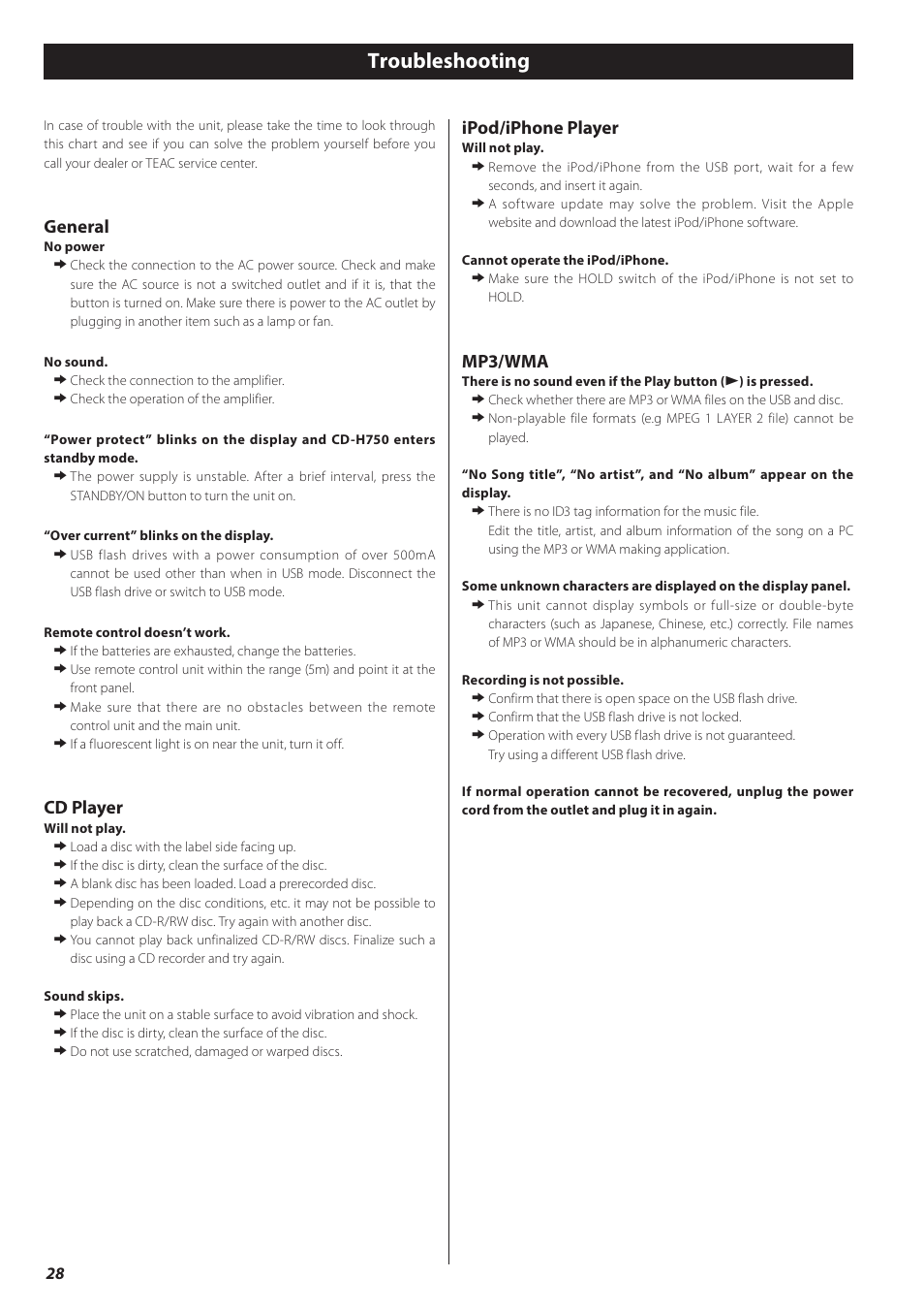 Troubleshooting, General, Cd player | Ipod/iphone player, Mp3/wma | Teac CD-H750 User Manual | Page 28 / 84