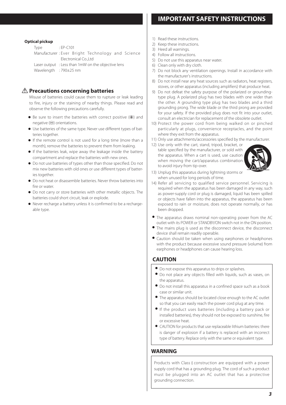 Important safety instructions, Caution warning q precautions concerning batteries | Teac CD-H750 User Manual | Page 3 / 84