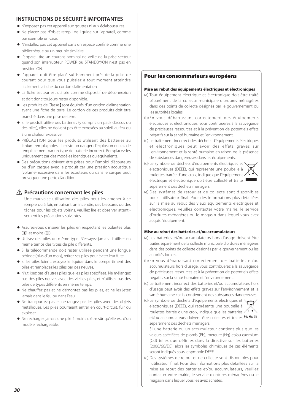 Français, Pour les consommateurs européens, Instructions de sécurité importantes | Q précautions concernant les piles | Teac CD-H750 User Manual | Page 30 / 84