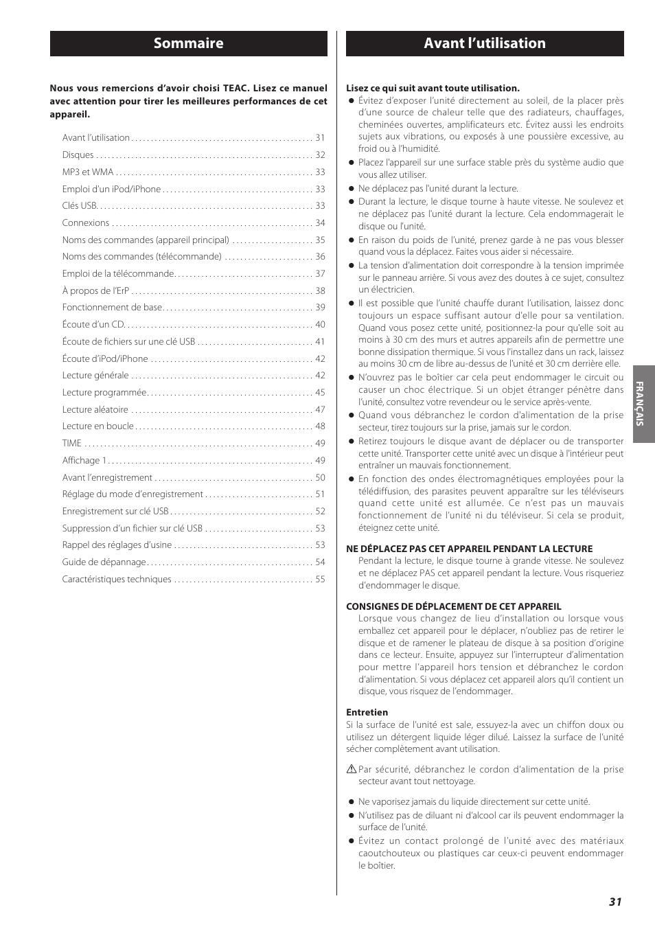 Avant l’utilisation, Sommaire | Teac CD-H750 User Manual | Page 31 / 84