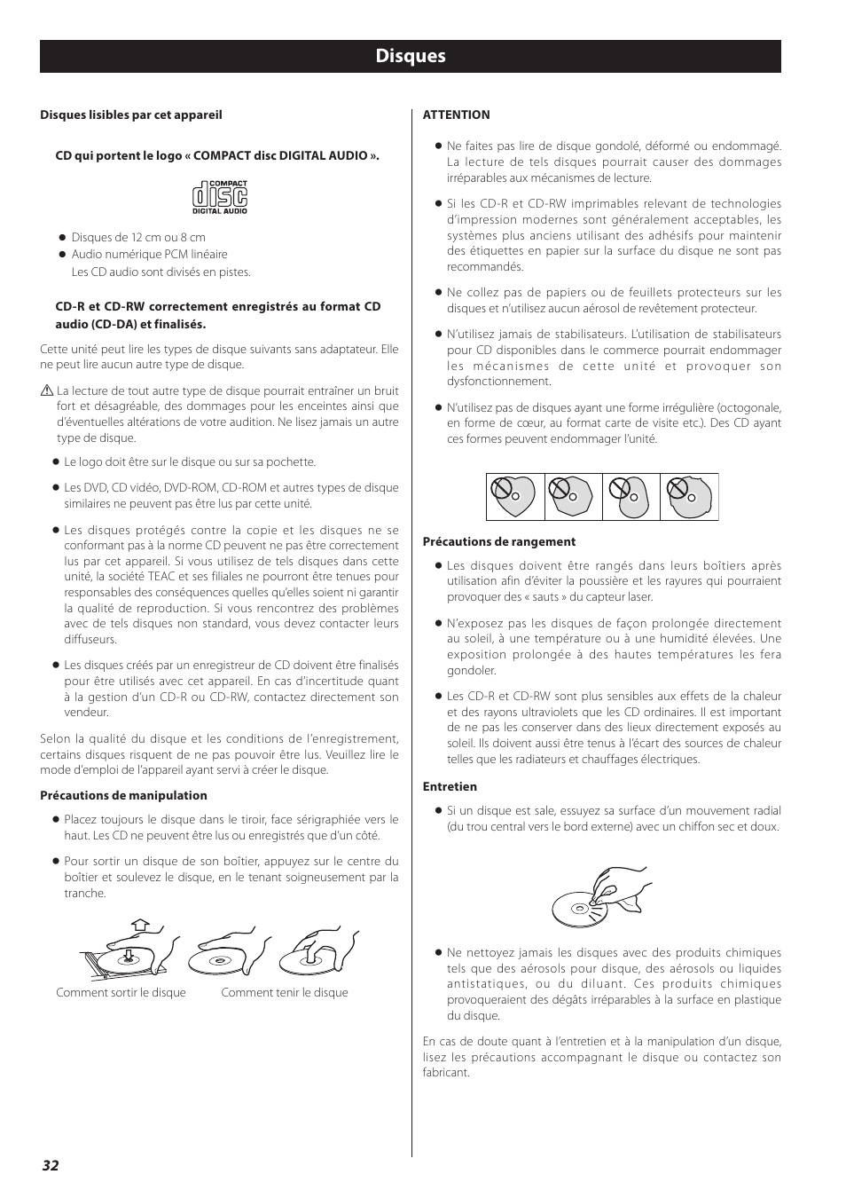 Disques | Teac CD-H750 User Manual | Page 32 / 84