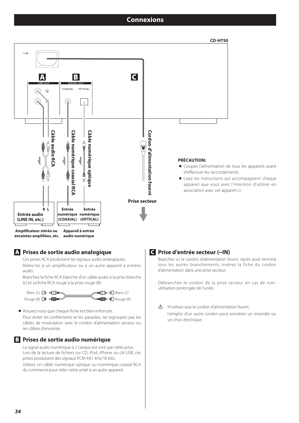 Connexions, Ab c, Aprises de sortie audio analogique | Bprises de sortie audio numérique, Cprise d’entrée secteur (~in) | Teac CD-H750 User Manual | Page 34 / 84