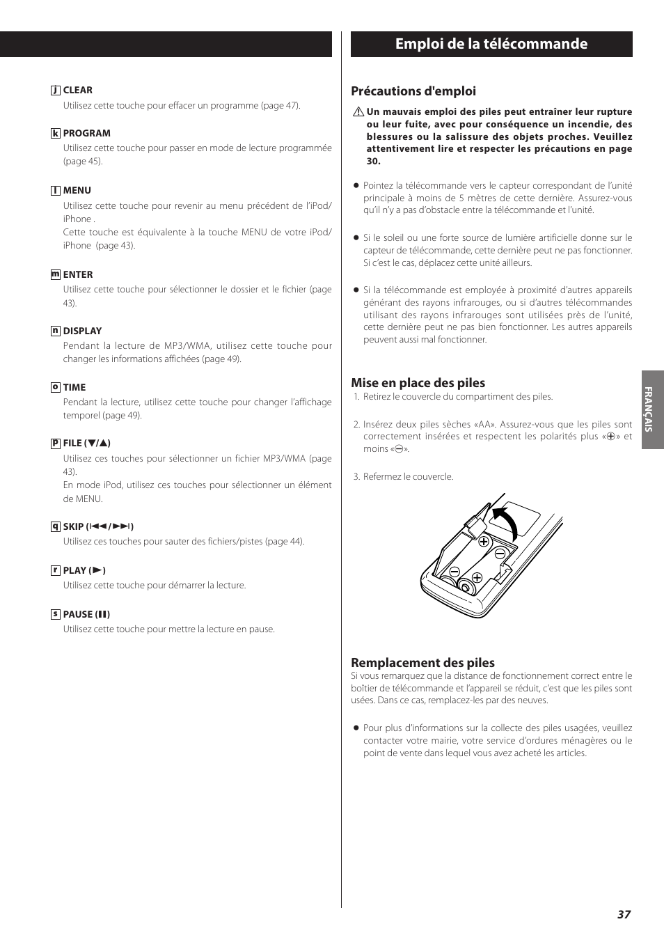 Emploi de la télécommande, Précautions d'emploi, Mise en place des piles | Remplacement des piles | Teac CD-H750 User Manual | Page 37 / 84