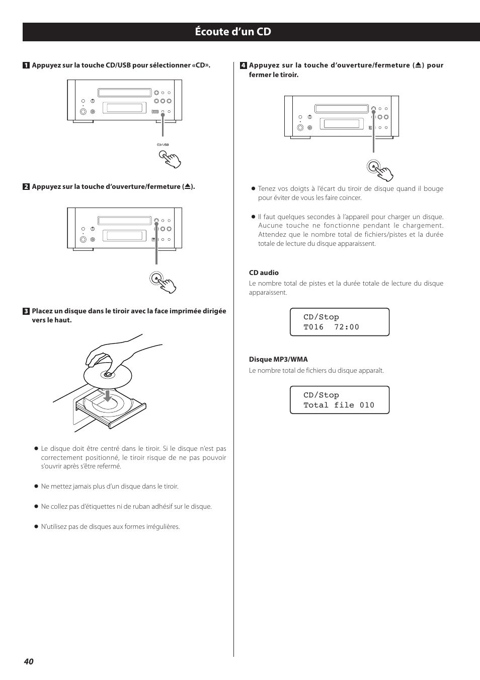 Écoute d’un cd | Teac CD-H750 User Manual | Page 40 / 84