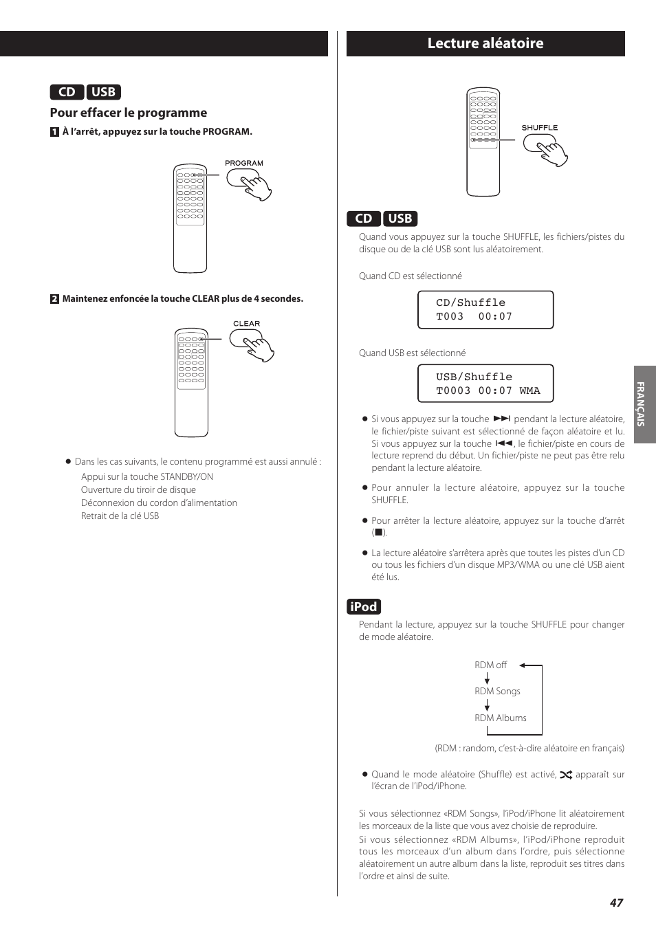 Lecture aléatoire, Ipod, Usb pour effacer le programme | Teac CD-H750 User Manual | Page 47 / 84