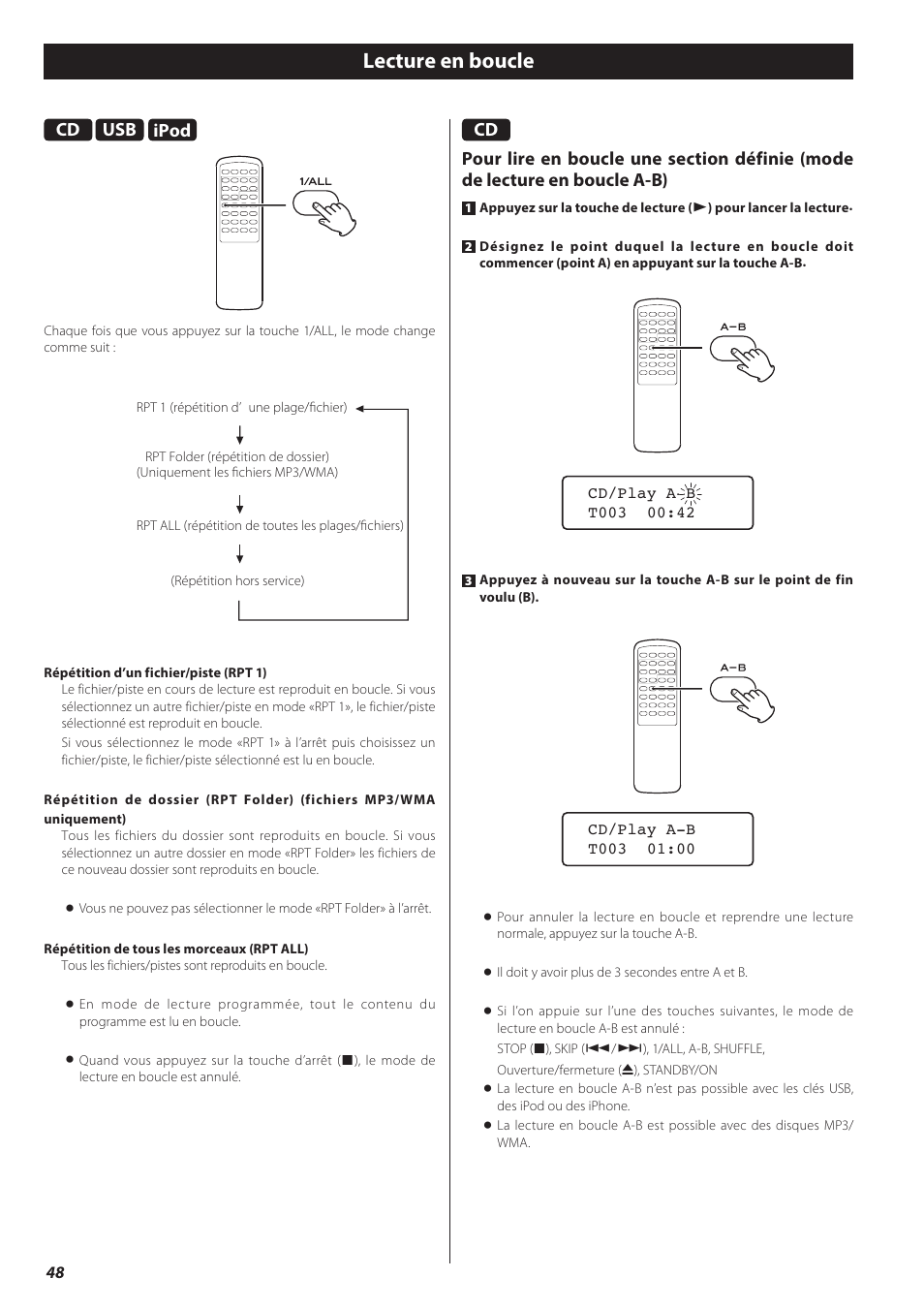 Lecture en boucle, Ipod | Teac CD-H750 User Manual | Page 48 / 84