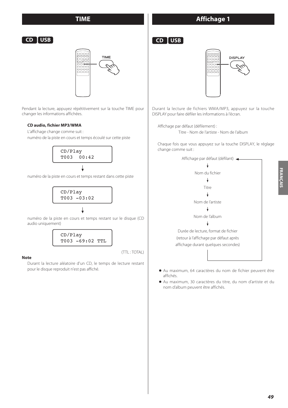 Time, Affichage 1, Time affichage 1 | Teac CD-H750 User Manual | Page 49 / 84