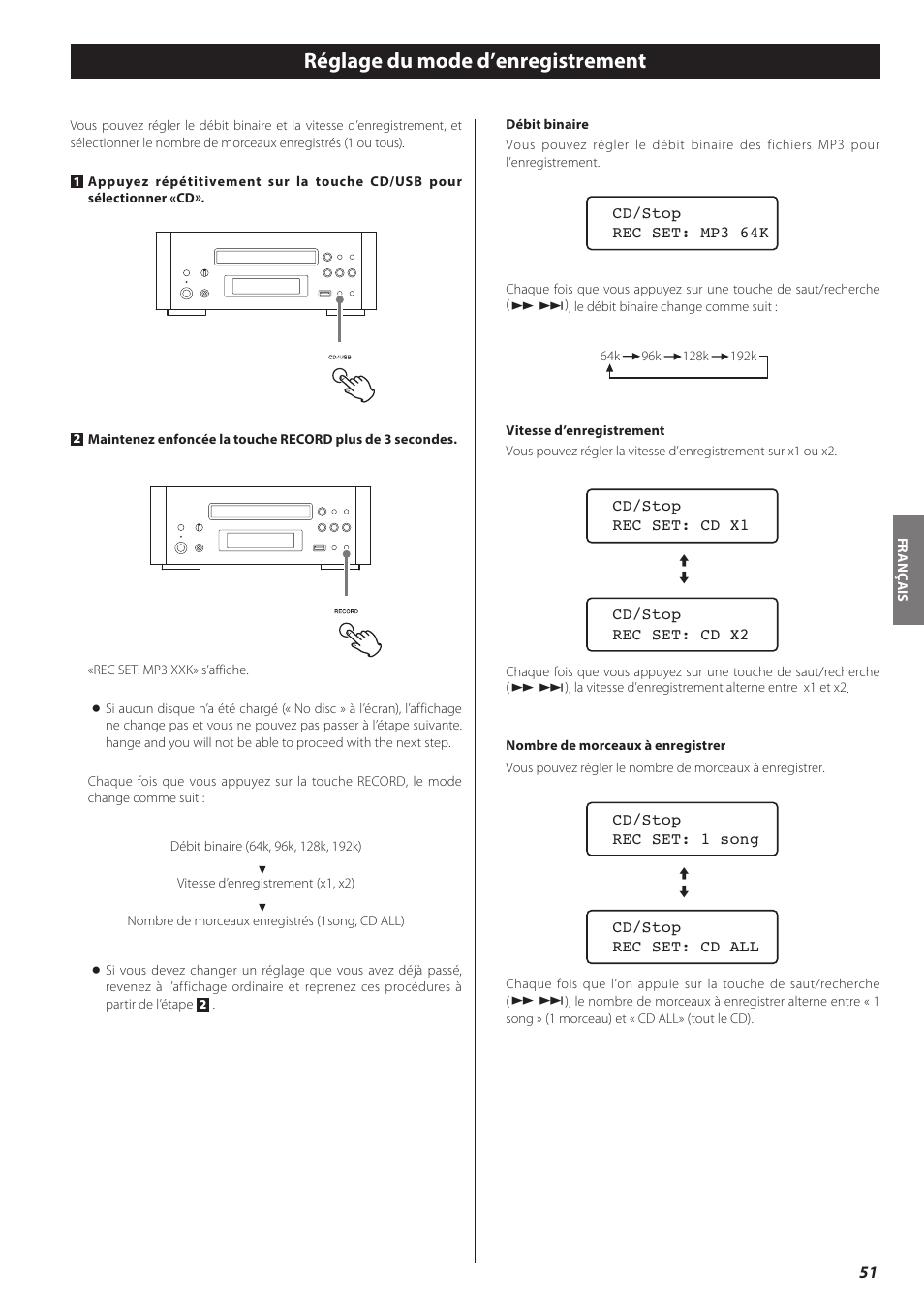 Réglage du mode d’enregistrement | Teac CD-H750 User Manual | Page 51 / 84