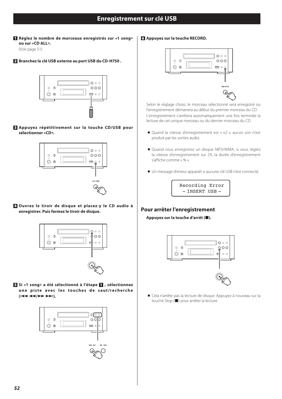 Enregistrement sur clé usb, Pour arrêter l’enregistrement | Teac CD-H750 User Manual | Page 52 / 84