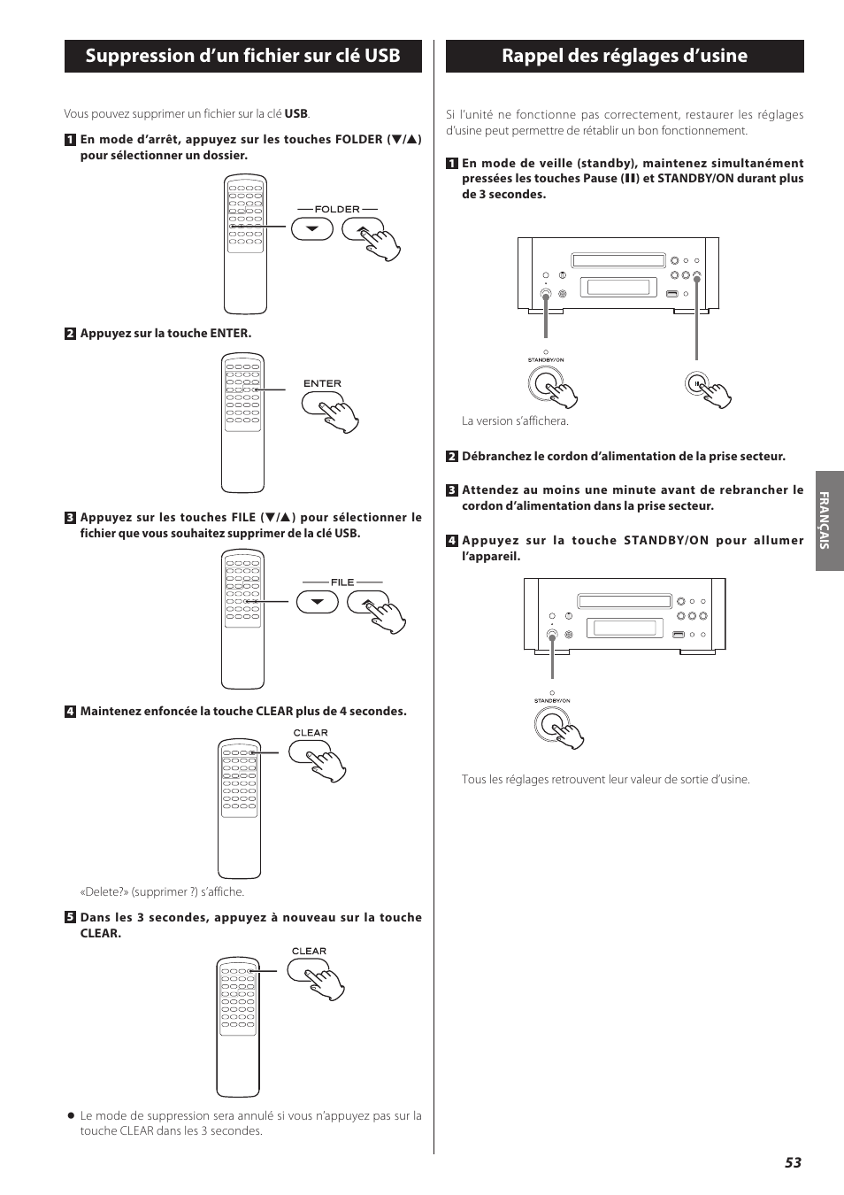 Suppression d’un fichier sur clé usb, Rappel des réglages d’usine | Teac CD-H750 User Manual | Page 53 / 84