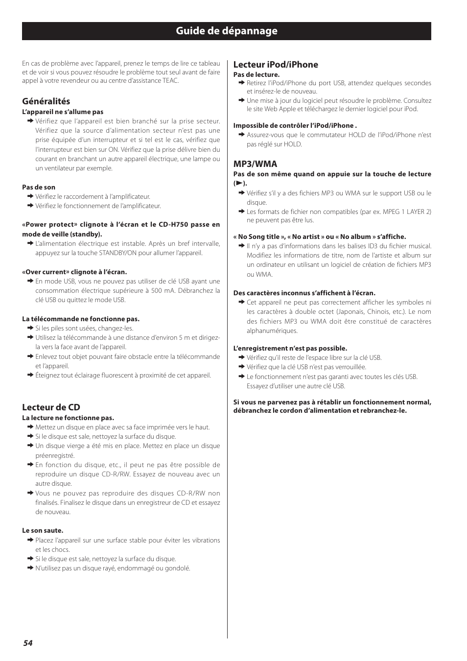 Guide de dépannage, Généralités, Lecteur de cd | Lecteur ipod/iphone, Mp3/wma | Teac CD-H750 User Manual | Page 54 / 84