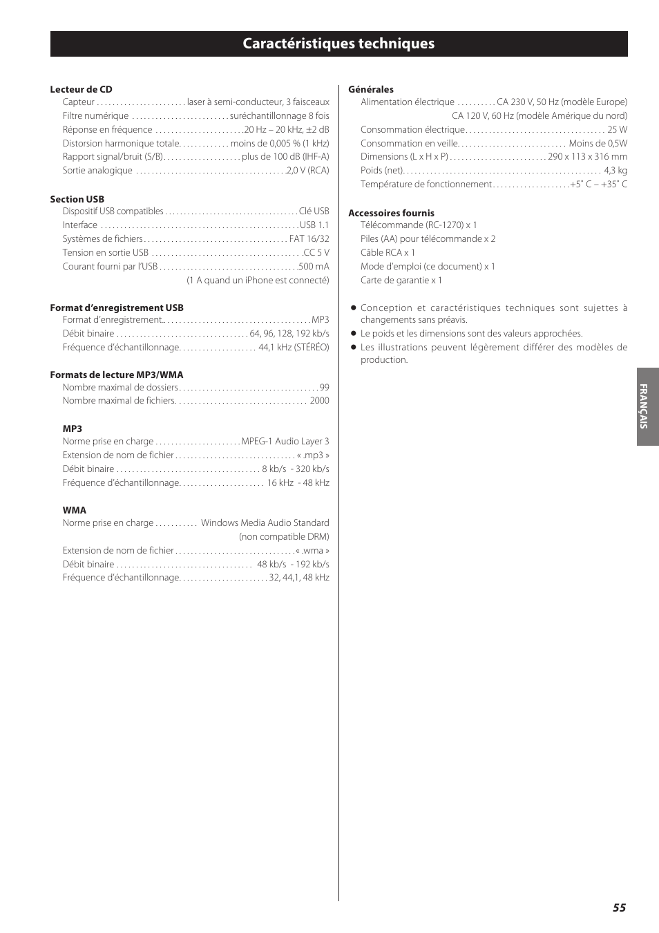 Caractéristiques techniques | Teac CD-H750 User Manual | Page 55 / 84