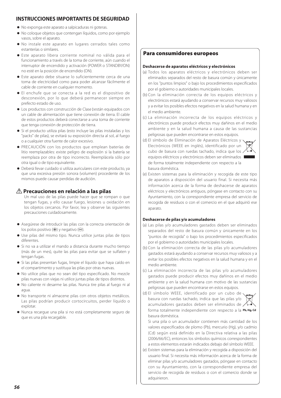 Español, Para consumidores europeos, Instrucciones importantes de seguridad | Q precauciones en relación a las pilas | Teac CD-H750 User Manual | Page 56 / 84