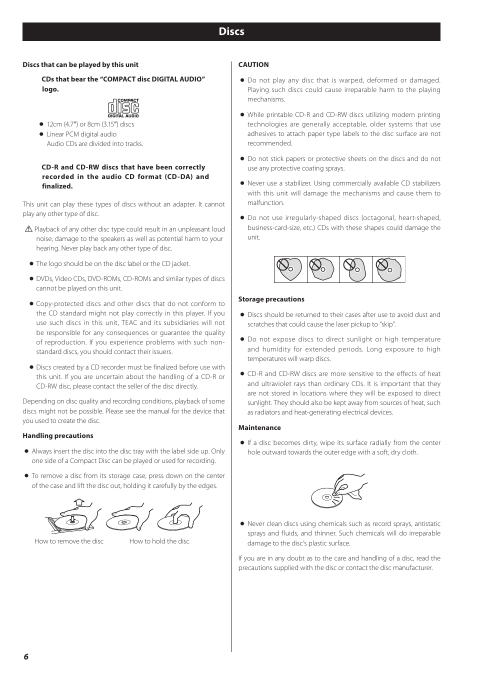 Discs | Teac CD-H750 User Manual | Page 6 / 84