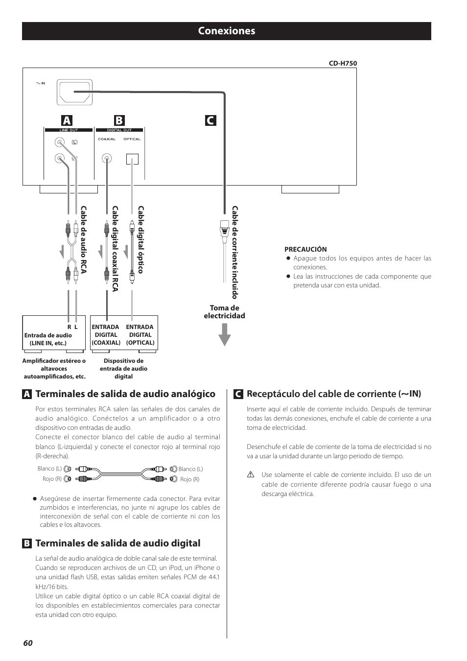 Conexiones, Ab c, Terminales de salida de audio analógico | Terminales de salida de audio digital, Ceptáculo del cable de corriente | Teac CD-H750 User Manual | Page 60 / 84