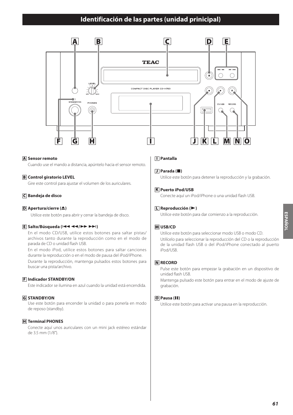 Identificación de las partes (unidad prinicipal) | Teac CD-H750 User Manual | Page 61 / 84