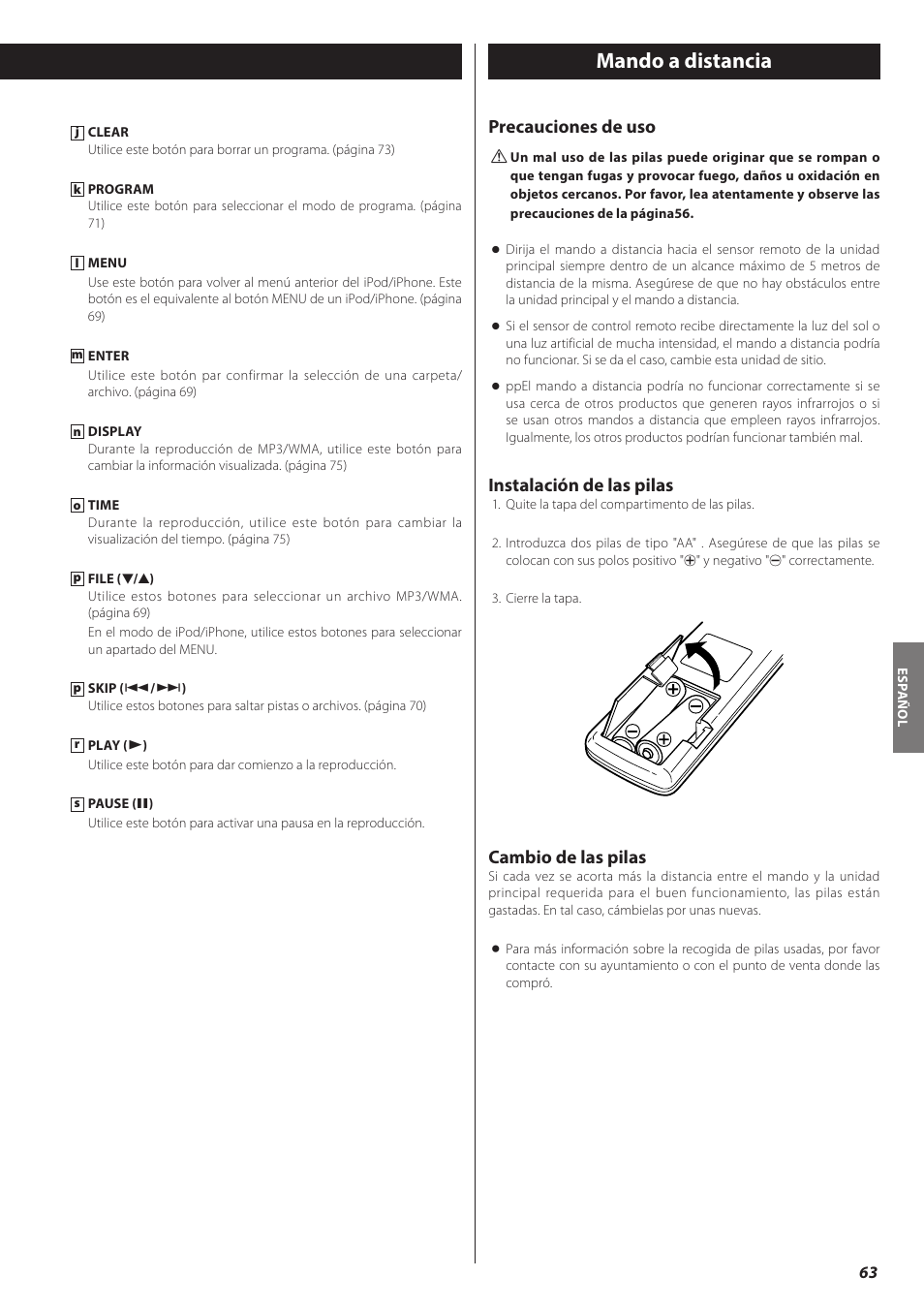 Mando a distancia, Precauciones de uso, Instalación de las pilas | Cambio de las pilas | Teac CD-H750 User Manual | Page 63 / 84