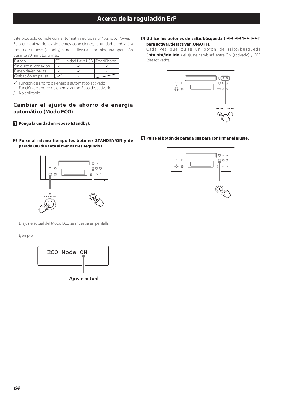 Acerca de la regulación erp, Eco mode on | Teac CD-H750 User Manual | Page 64 / 84