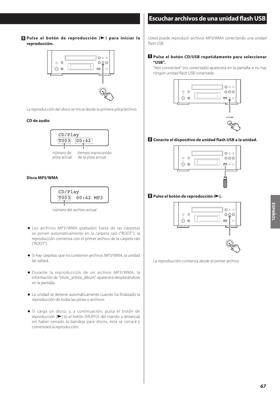 Escuchar archivos de una unidad flash usb | Teac CD-H750 User Manual | Page 67 / 84