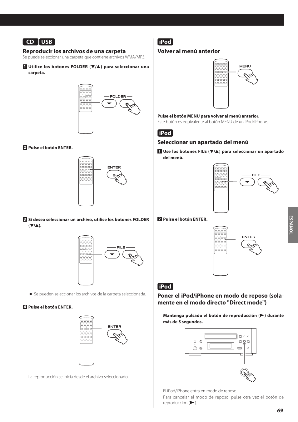 Ipod, Volver al menú anterior, Seleccionar un apartado del menú | Usb reproducir los archivos de una carpeta | Teac CD-H750 User Manual | Page 69 / 84