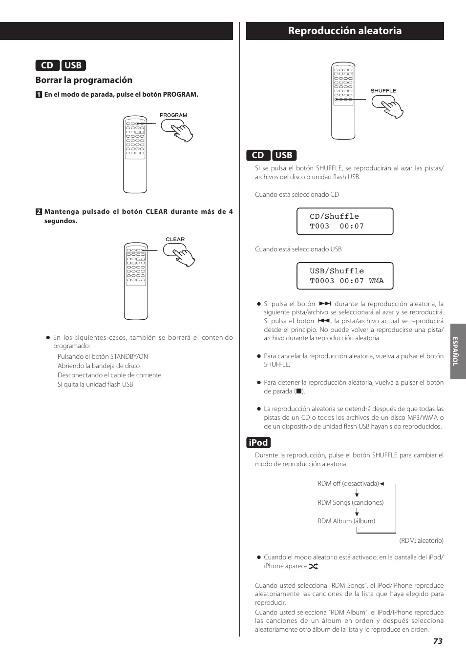 Reproducción aleatoria, Ipod, Usb borrar la programación | Teac CD-H750 User Manual | Page 73 / 84