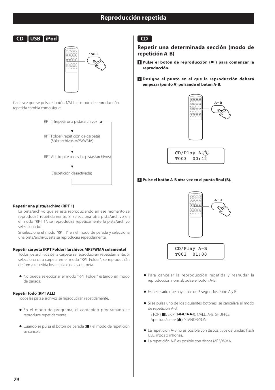 Reproducción repetida, Ipod | Teac CD-H750 User Manual | Page 74 / 84