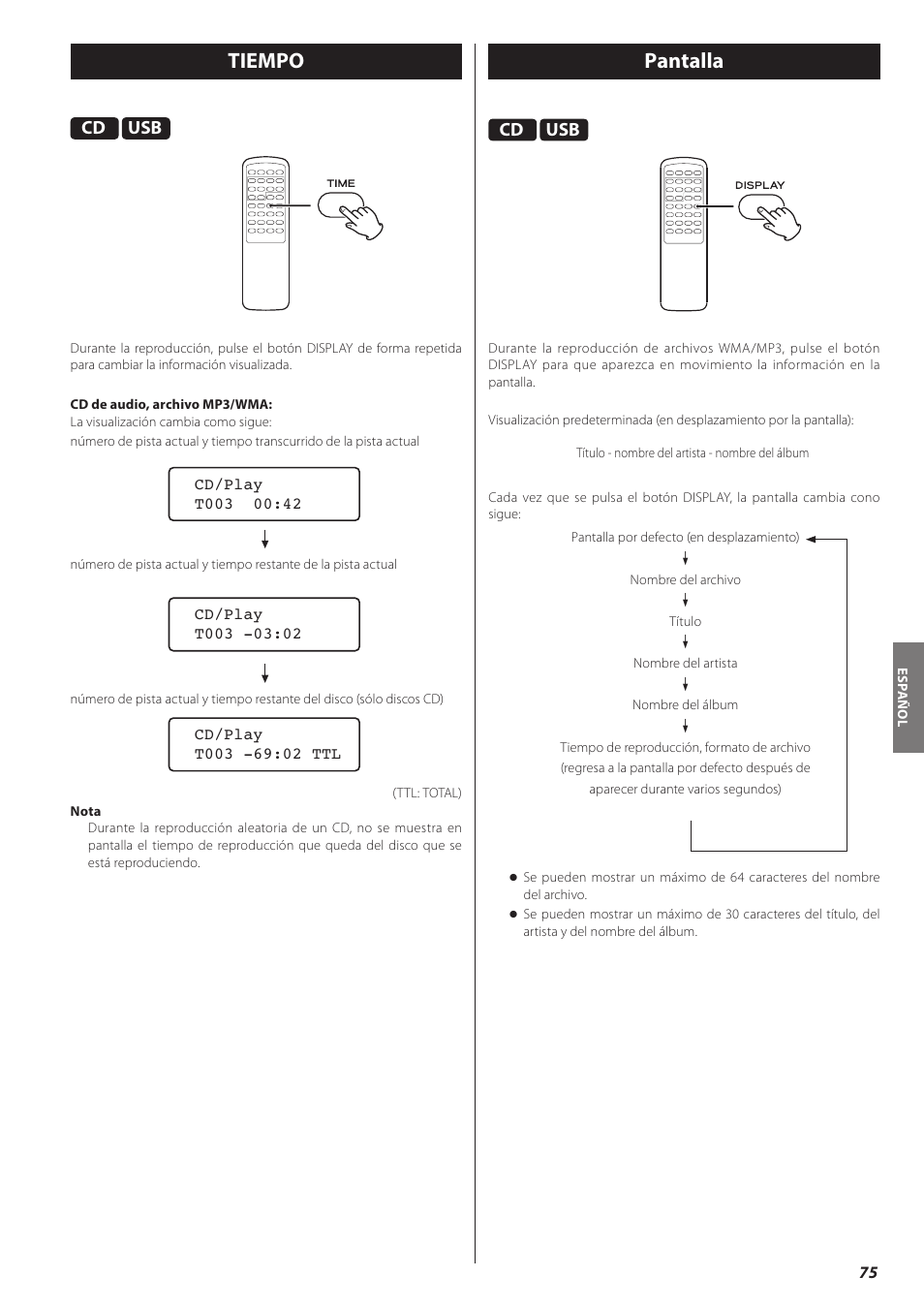 Tiempo, Pantalla, Tiempo pantalla | Teac CD-H750 User Manual | Page 75 / 84