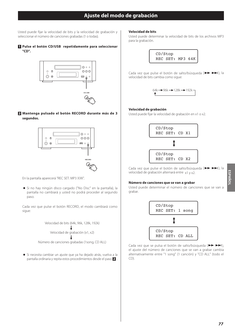 Ajuste del modo de grabación | Teac CD-H750 User Manual | Page 77 / 84