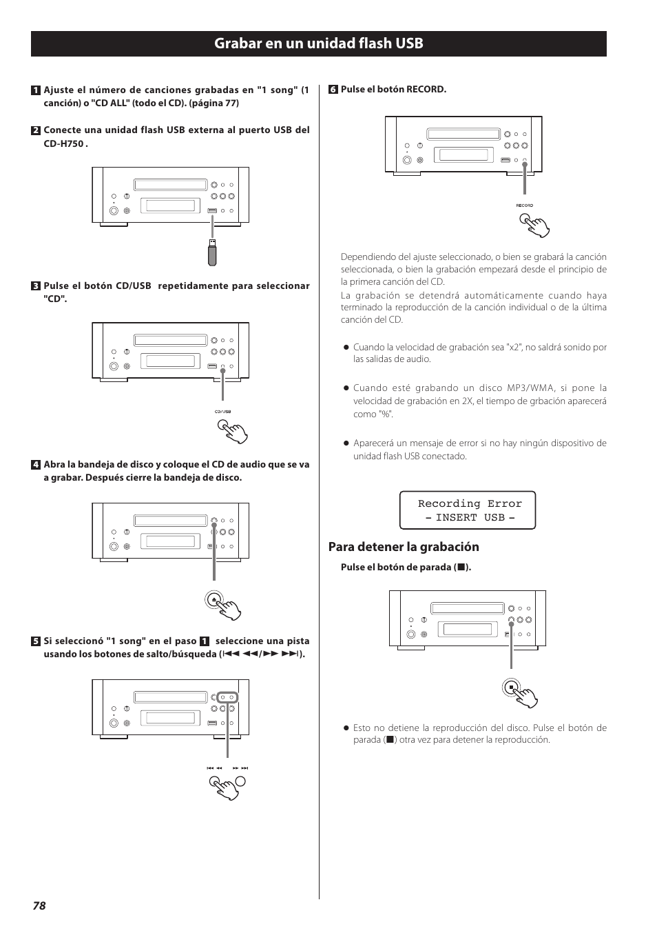 Grabar en un unidad flash usb, Para detener la grabación | Teac CD-H750 User Manual | Page 78 / 84