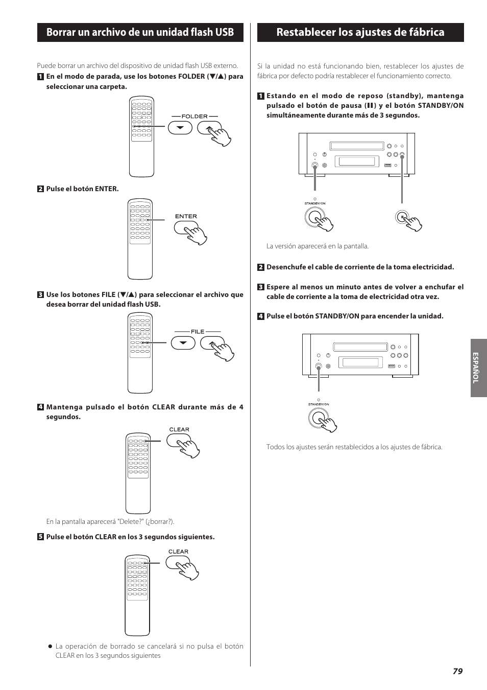 Borrar un archivo de un unidad flash usb, Restablecer los ajustes de fábrica | Teac CD-H750 User Manual | Page 79 / 84