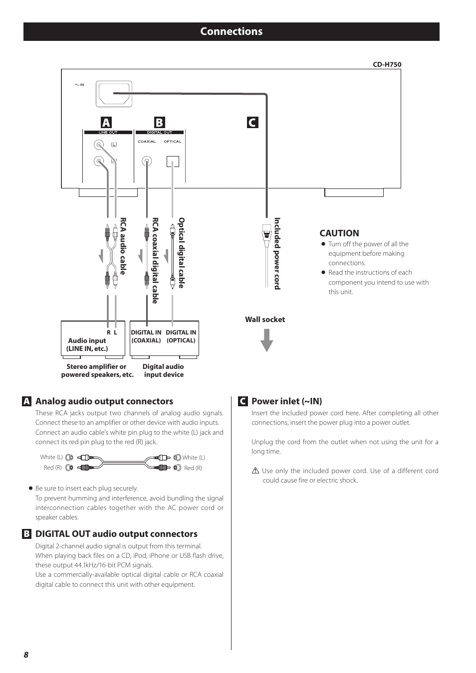 Connections, Ab c, Caution | Aanalog audio output connectors, Bdigital out audio output connectors, Cpower inlet (~in) | Teac CD-H750 User Manual | Page 8 / 84