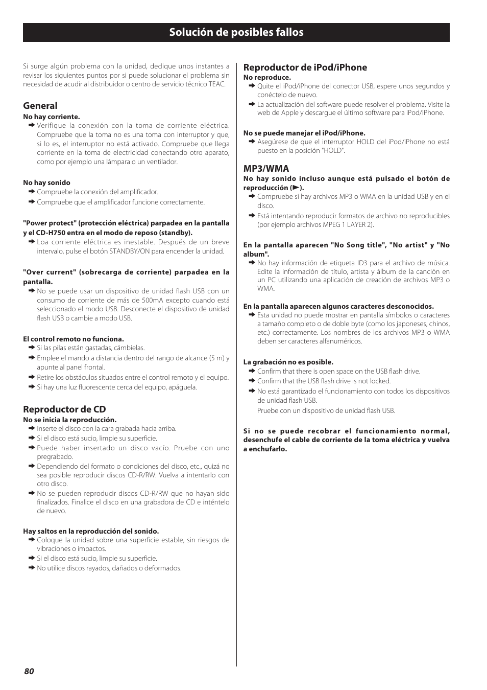 Solución de posibles fallos, General, Reproductor de cd | Reproductor de ipod/iphone, Mp3/wma | Teac CD-H750 User Manual | Page 80 / 84