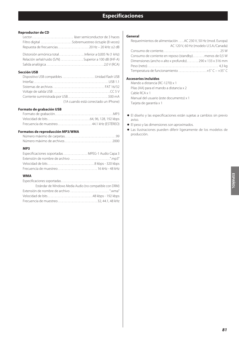 Especificaciones | Teac CD-H750 User Manual | Page 81 / 84