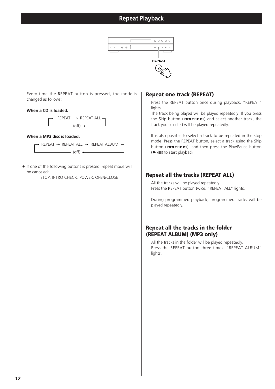 Repeat playback, Repeat one track (repeat), Repeat all the tracks (repeat all) | Teac CD-P1260 User Manual | Page 12 / 52