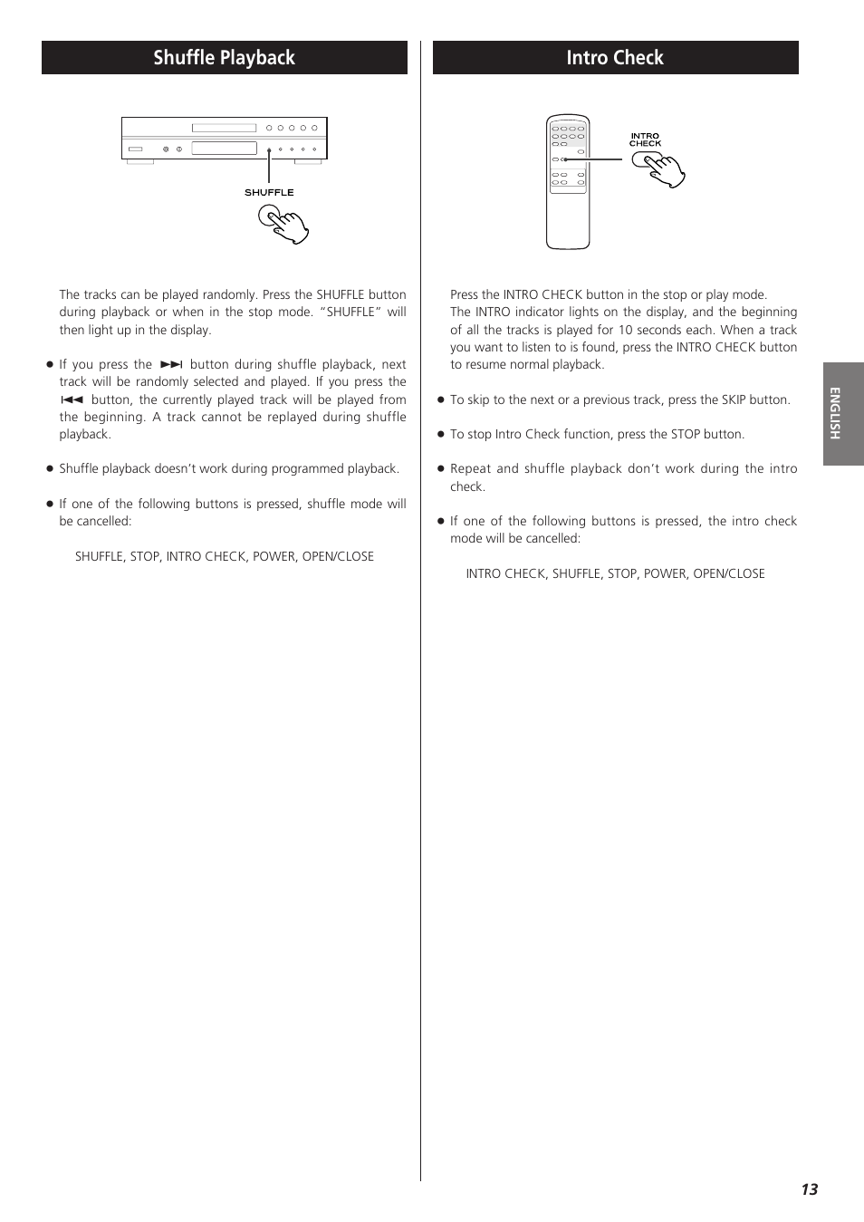 Intro check, Shuffle playback | Teac CD-P1260 User Manual | Page 13 / 52