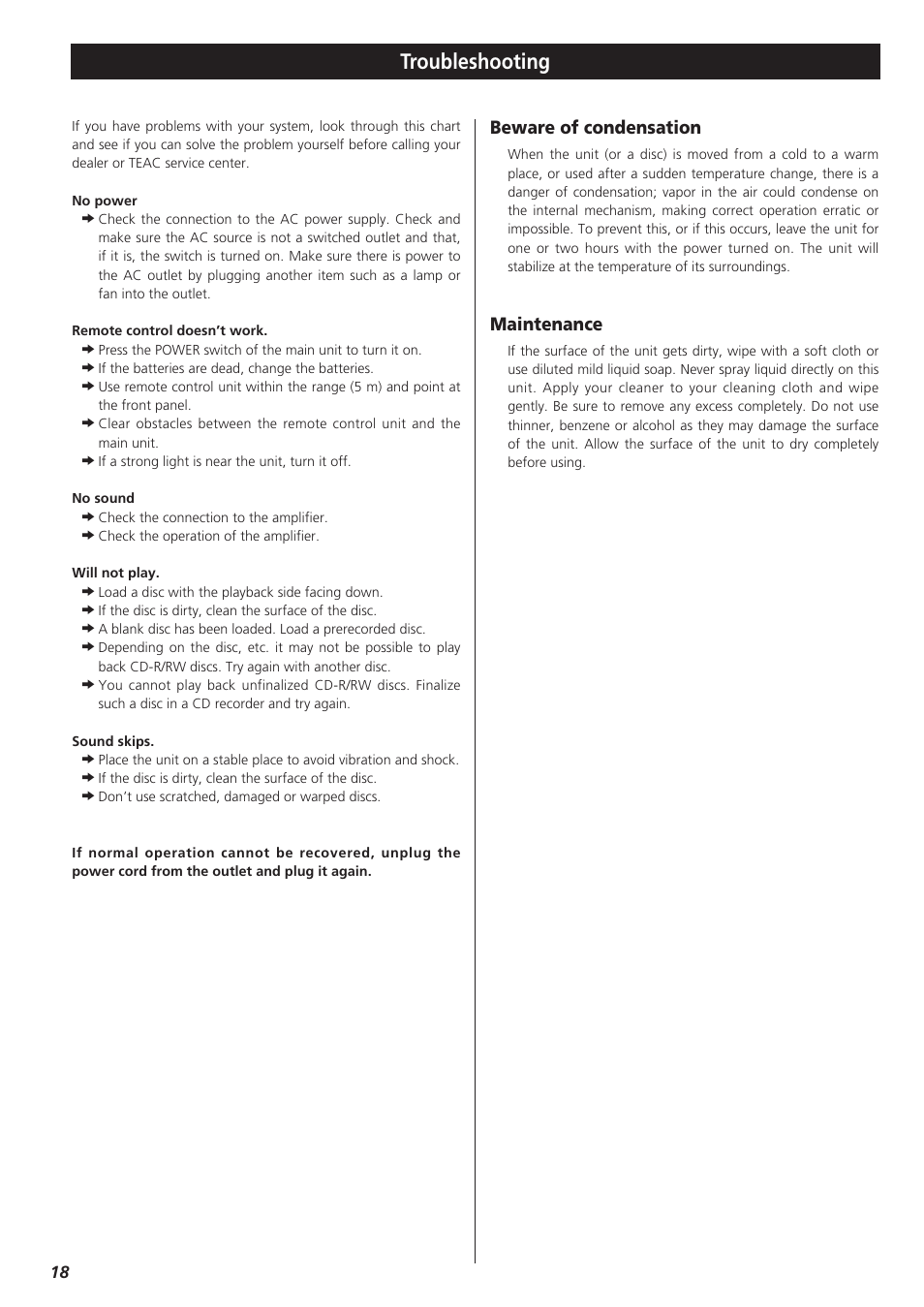 Troubleshooting, Beware of condensation, Maintenance | Teac CD-P1260 User Manual | Page 18 / 52