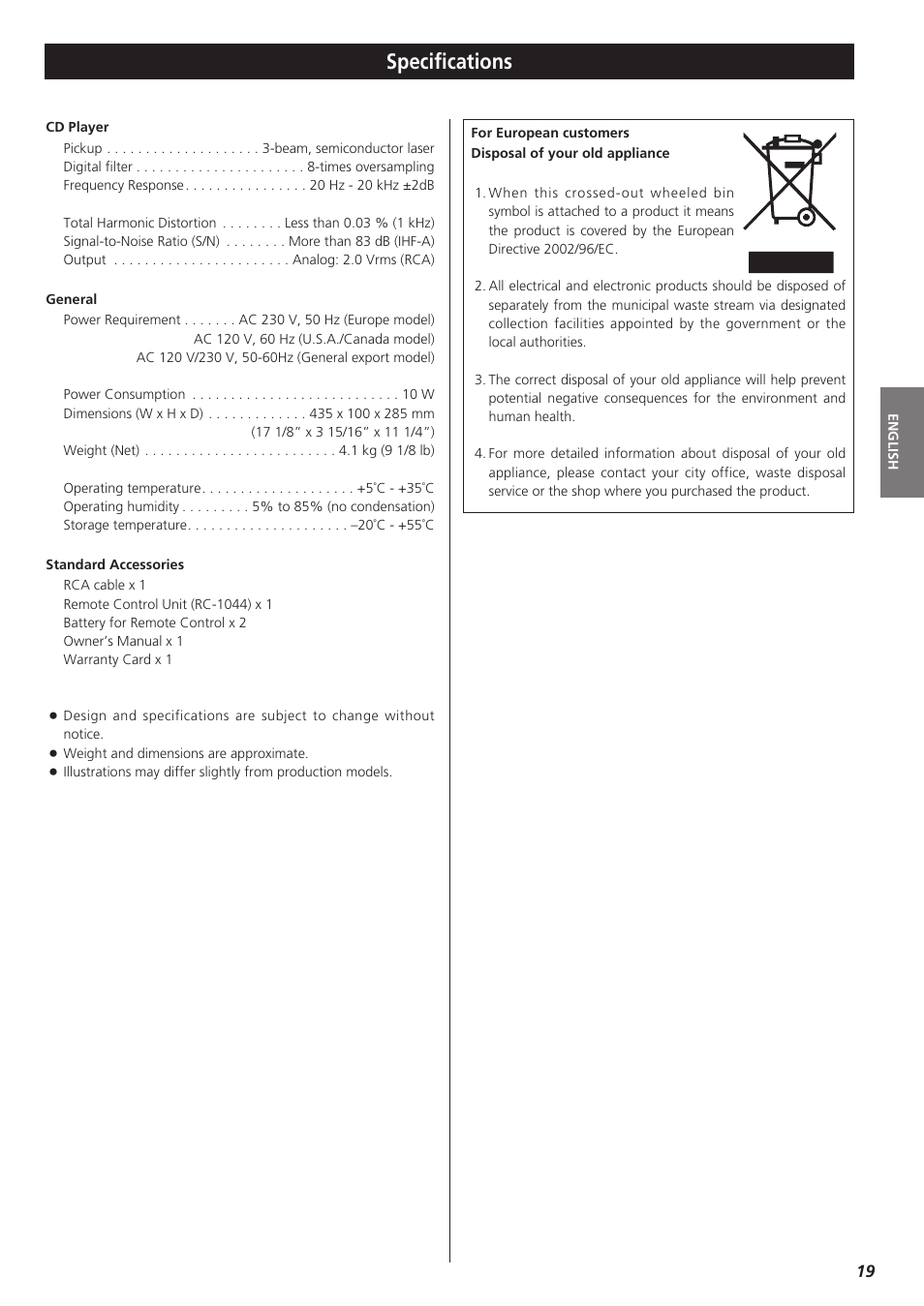 Specifications | Teac CD-P1260 User Manual | Page 19 / 52