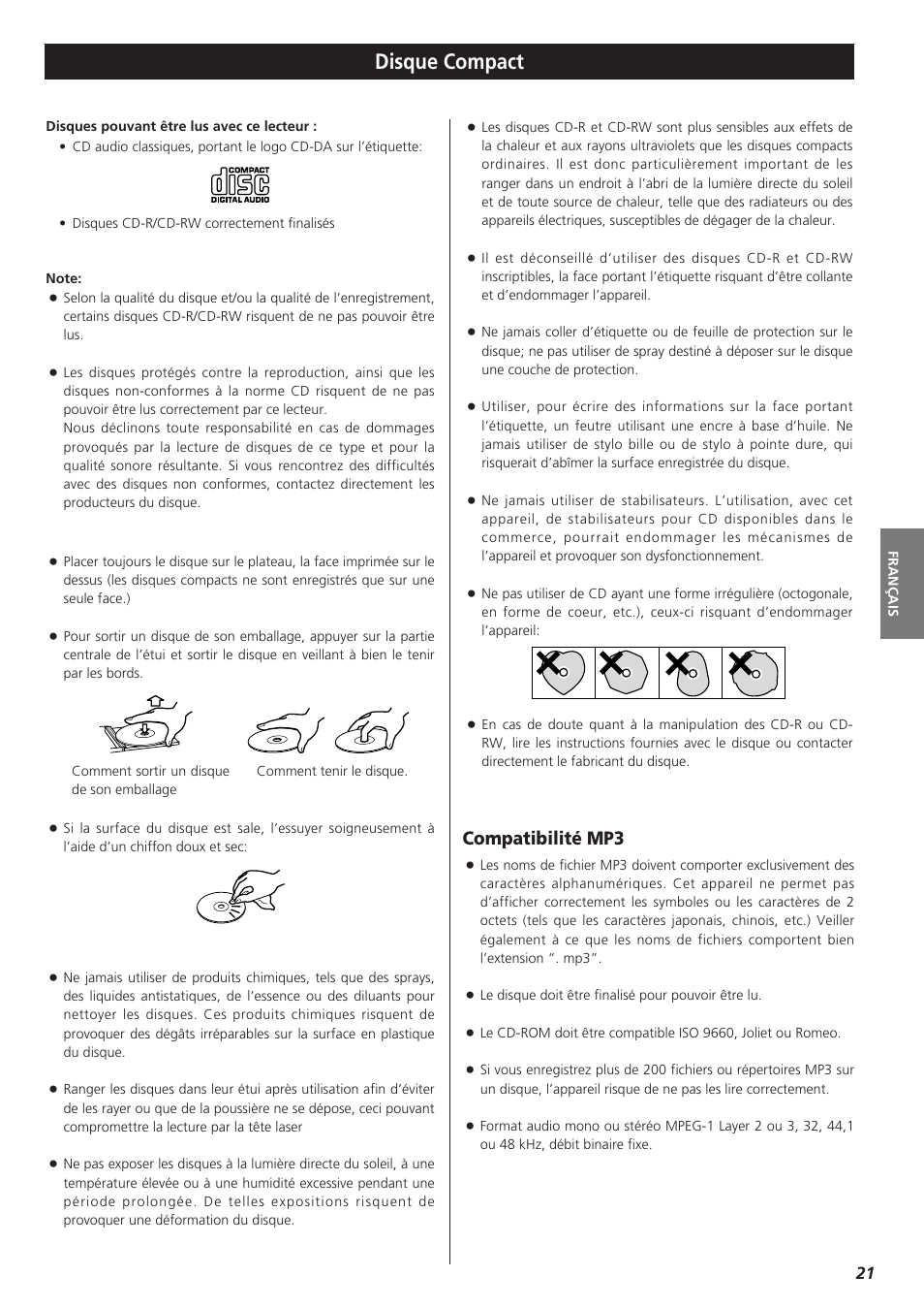 Disque compact, Compatibilité mp3 | Teac CD-P1260 User Manual | Page 21 / 52