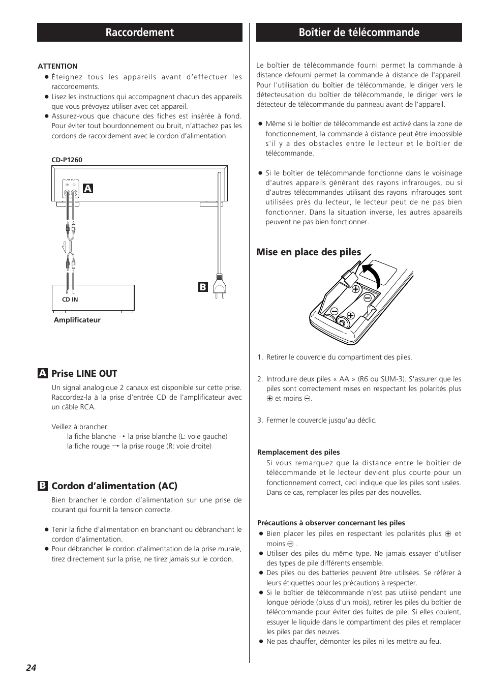 Raccordement, Boîtier de télécommande, Prise line out | Cordon d’alimentation (ac), Mise en place des piles | Teac CD-P1260 User Manual | Page 24 / 52