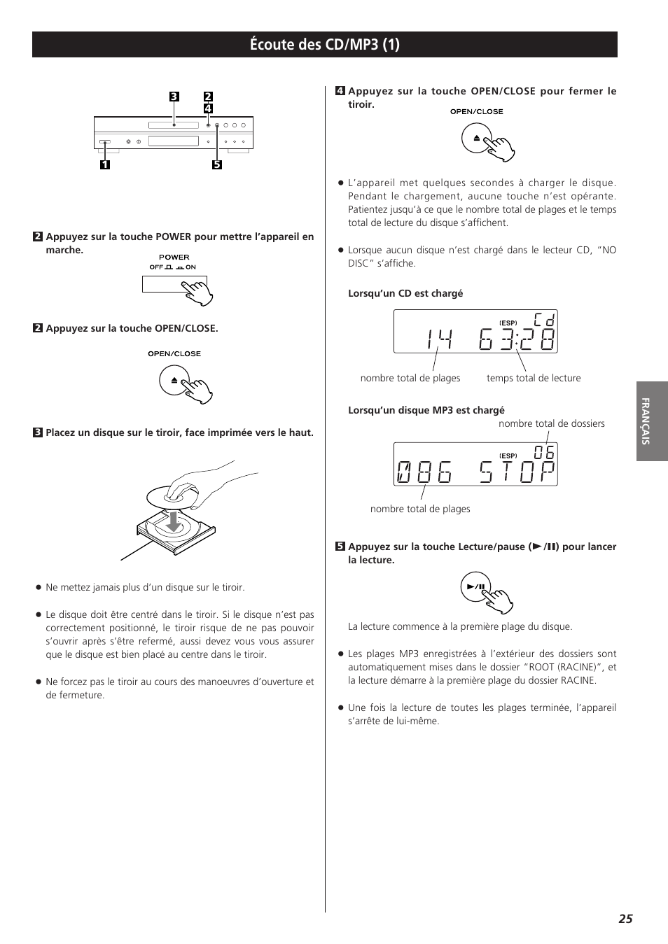 Écoute des cd/mp3 (1) | Teac CD-P1260 User Manual | Page 25 / 52