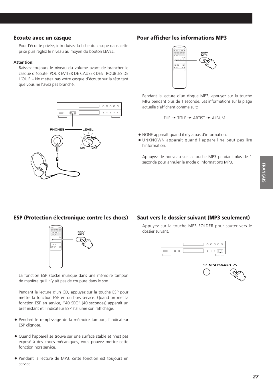 Saut vers le dossier suivant (mp3 seulement), Pour afficher les informations mp3 | Teac CD-P1260 User Manual | Page 27 / 52