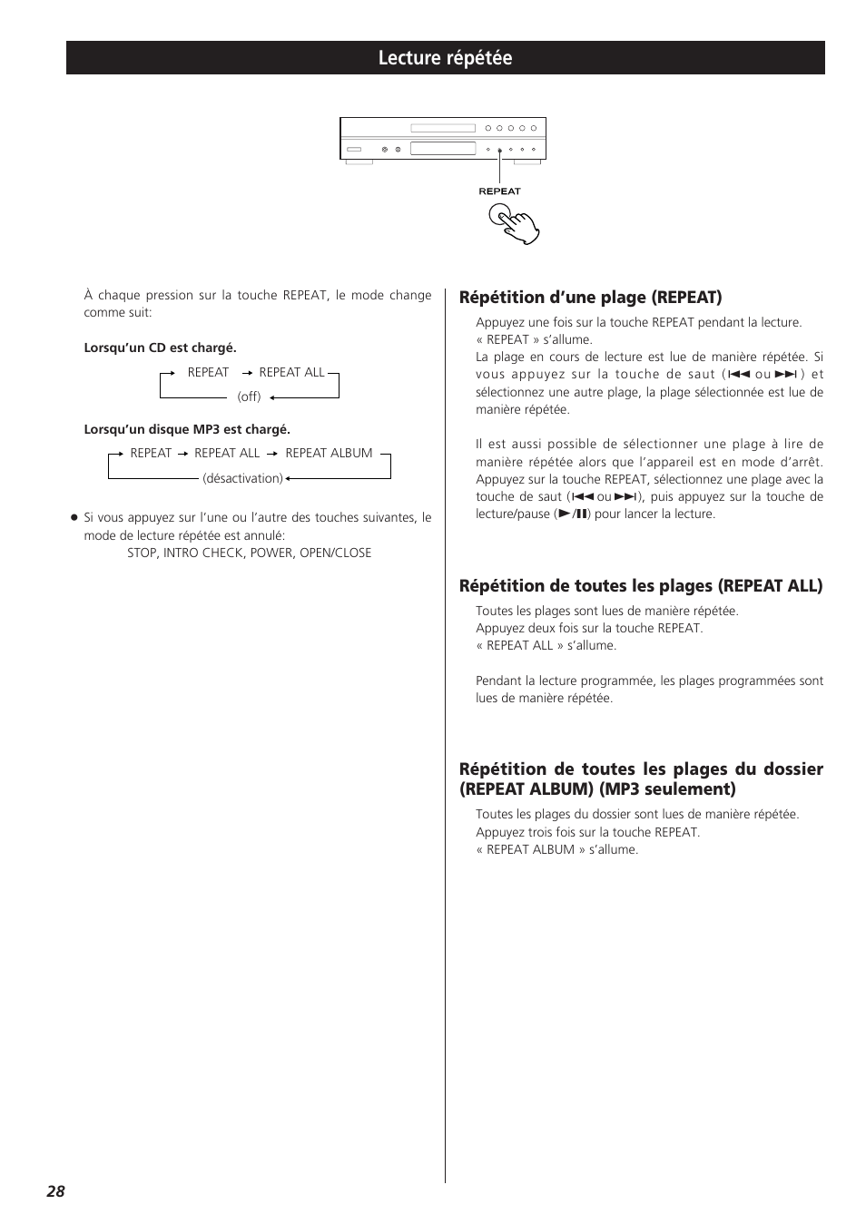 Lecture répétée, Répétition d’une plage (repeat), Répétition de toutes les plages (repeat all) | Teac CD-P1260 User Manual | Page 28 / 52