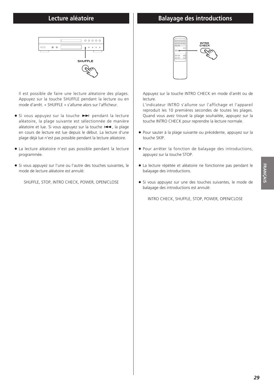 Lecture aléatoire, Balayage des introductions | Teac CD-P1260 User Manual | Page 29 / 52