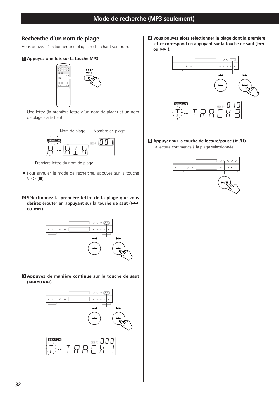 Mode de recherche (mp3 seulement), Recherche d’un nom de plage | Teac CD-P1260 User Manual | Page 32 / 52