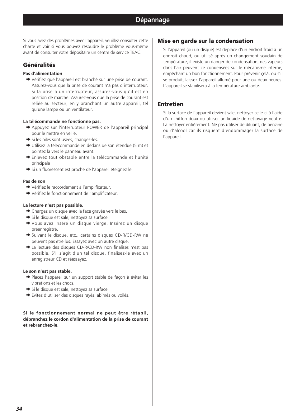 Dépannage, Généralités, Mise en garde sur la condensation | Entretien | Teac CD-P1260 User Manual | Page 34 / 52