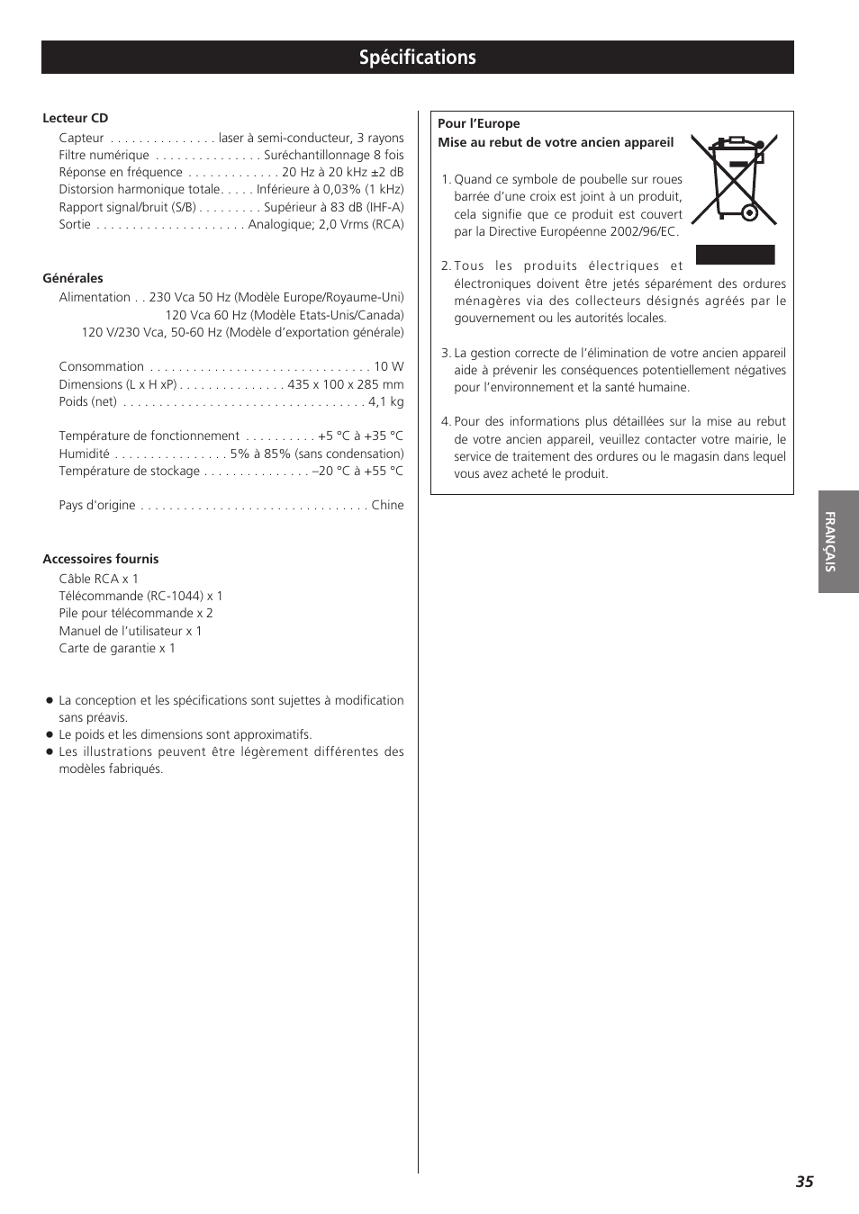 Spécifications | Teac CD-P1260 User Manual | Page 35 / 52